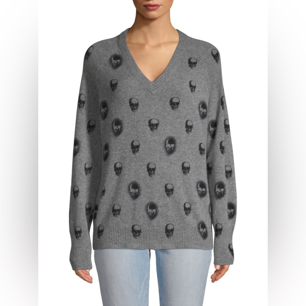 360 Cashmere Grey Jolie V Neck Skull Sweater